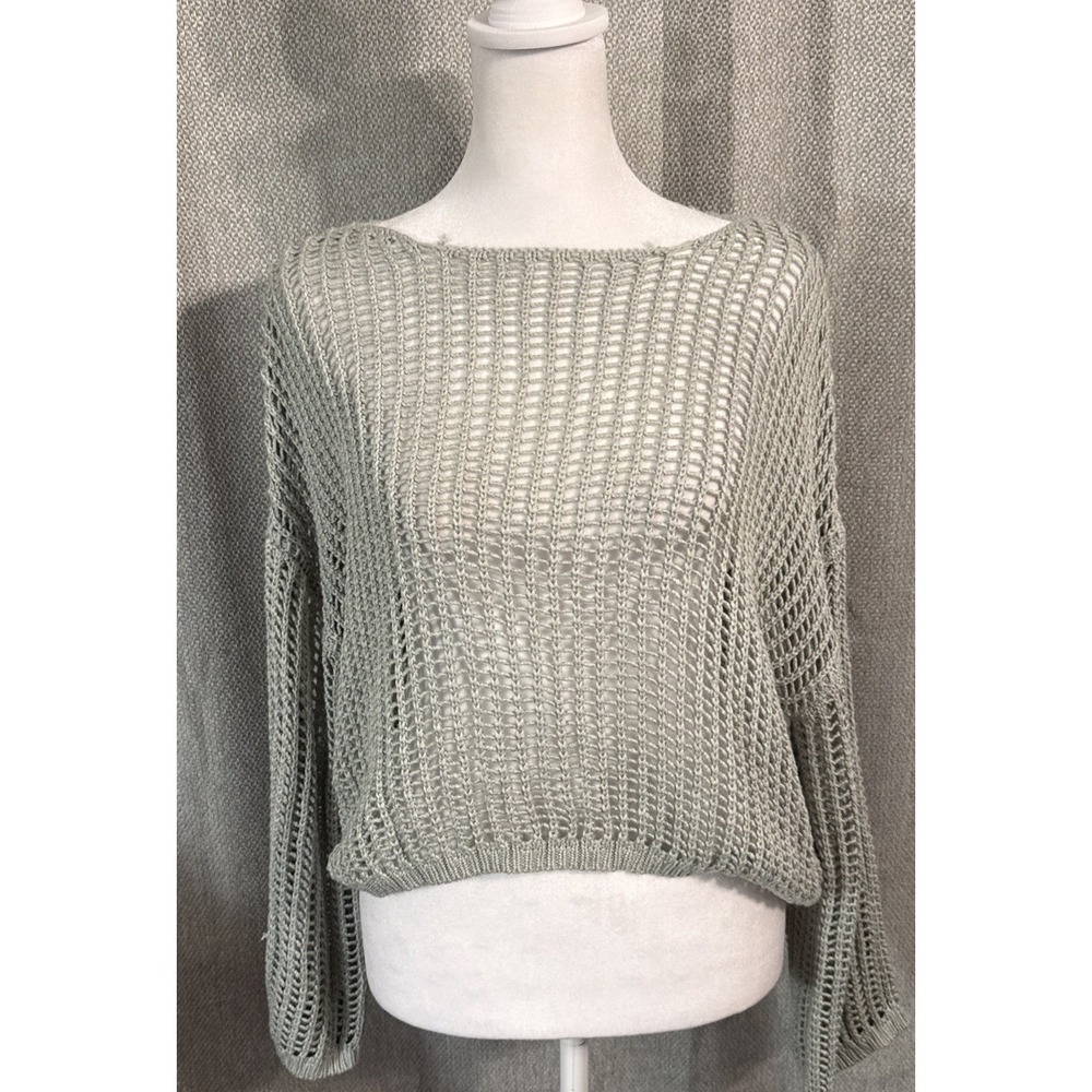 Pink Lily Open Weave Crochet Sweater Top Women's Size Small Sage Green Crop Boho